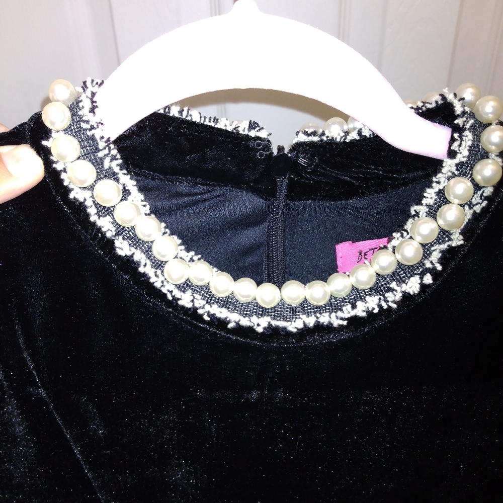 Betsey  Johnson black velvet cocktail dress pearl and tweed neckline.
